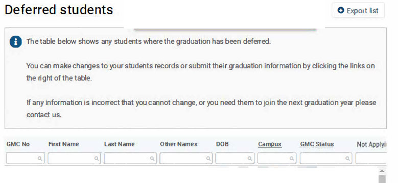 Screenshot of the 'deferred students' section