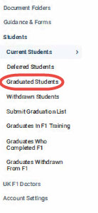 Screenshot of the menu from GMC Connect highlighting the 'graduated students' item within the students section