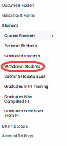 Screenshot of the menu from GMC Connect highlighting the 'withdrawn students' item within the students section