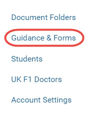 Screenshot of the GMC Connect menu highlighting the 'guidance & forms' item