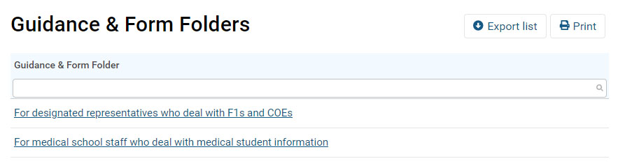 Screenshot of the guidance and form folders area of GMC Connect