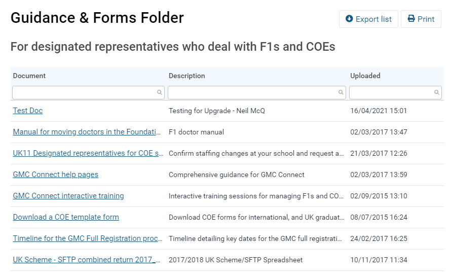 Screenshot of the guidance and form folders list area of GMC Connect