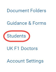 Screenshot of the menu from GMC Connect highlighting the 'students' item