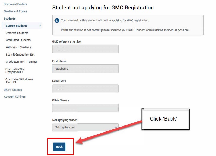 Screenshot of the confirmation of the 'student not applying for GMC registration' screen