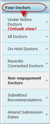 Screenshot showing the 'your doctors - under notice doctors' menu option