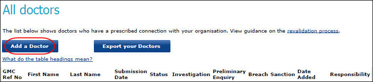 Screenshot of the 'add a doctor' button from the 'all doctors' screen