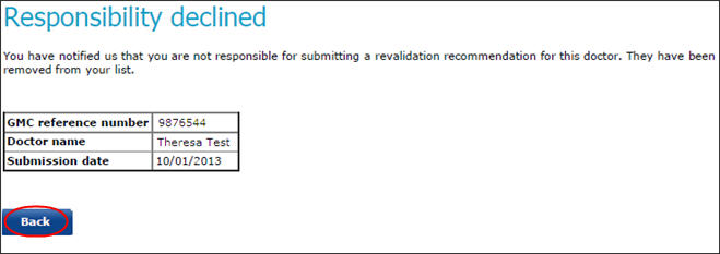 The 'responsibility declined' confirmation screen
