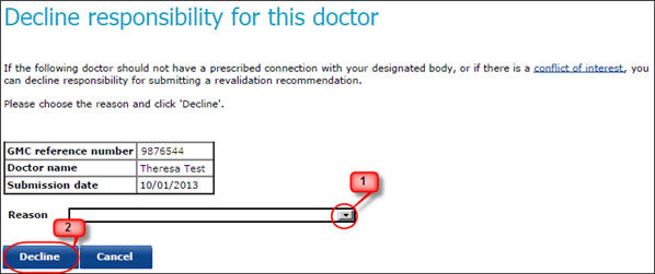 The 'decline responsibility for this doctor' section