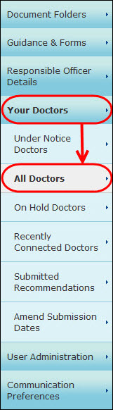 Screenshot of the 'all doctors' menu item within the 'your doctors' section