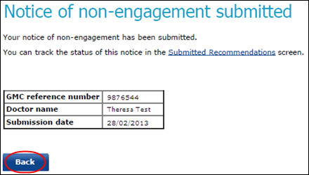 Confirmation of 'notice of non-engagement submitted'