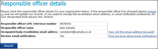 Screenshot showing the "responsible officer" details for a sample organisation