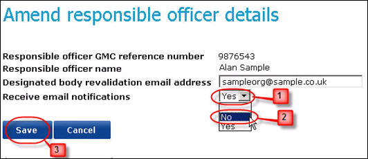 Screenshot showing the "responsible officer" details for a sample organisation highlighting the areas for making and saving changes
