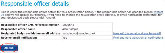 Screenshot showing the "responsible officer" details for a sample organisation and highlighting the amend button