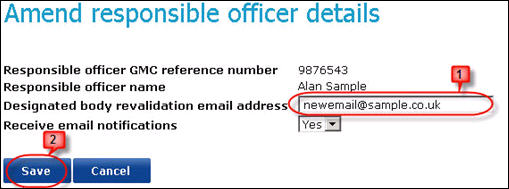 Screenshot showing the "responsible officer" details for a sample organisation highlighting the areas for making and saving changes