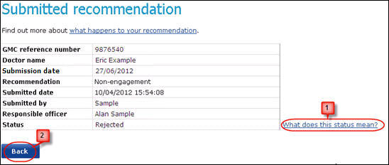 Screenshot of the 'submitted recommendations' screen highlighting the back and 'what does this status mean?' options