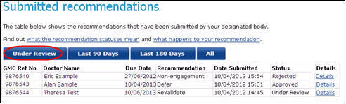 Screenshot of the 'submitted recommendations' screen highlighting the 'under review' option