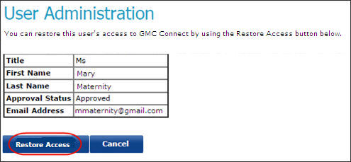Screenshot of the 'restore access' confirmation screen