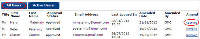 Screenshot showing the 'restore access' option from the user's section