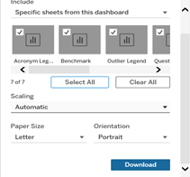 PDF and PowerPoint – Export the view of the current page and the entire table in its current formatting. To do this, select under Include 'Specific sheets from this dashboard'  Then click Select All. To initiate the export click Download.