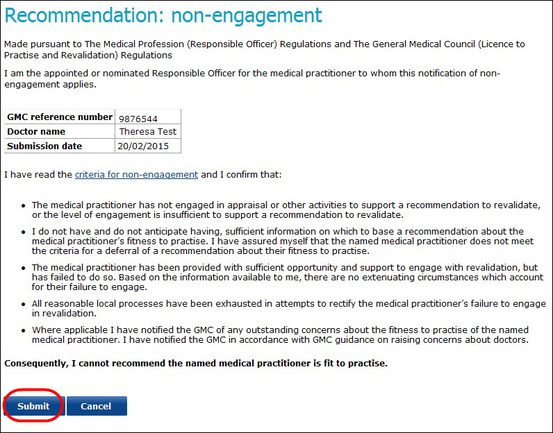 Screenshot of the statement you agree to when submitting a recommendation of non-engagement