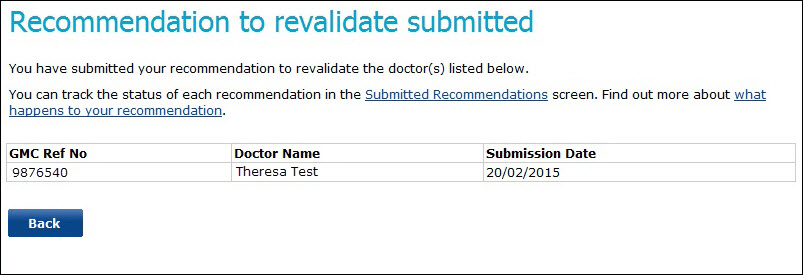 Screenshot of the 'recommendation to revalidate submitted' screen