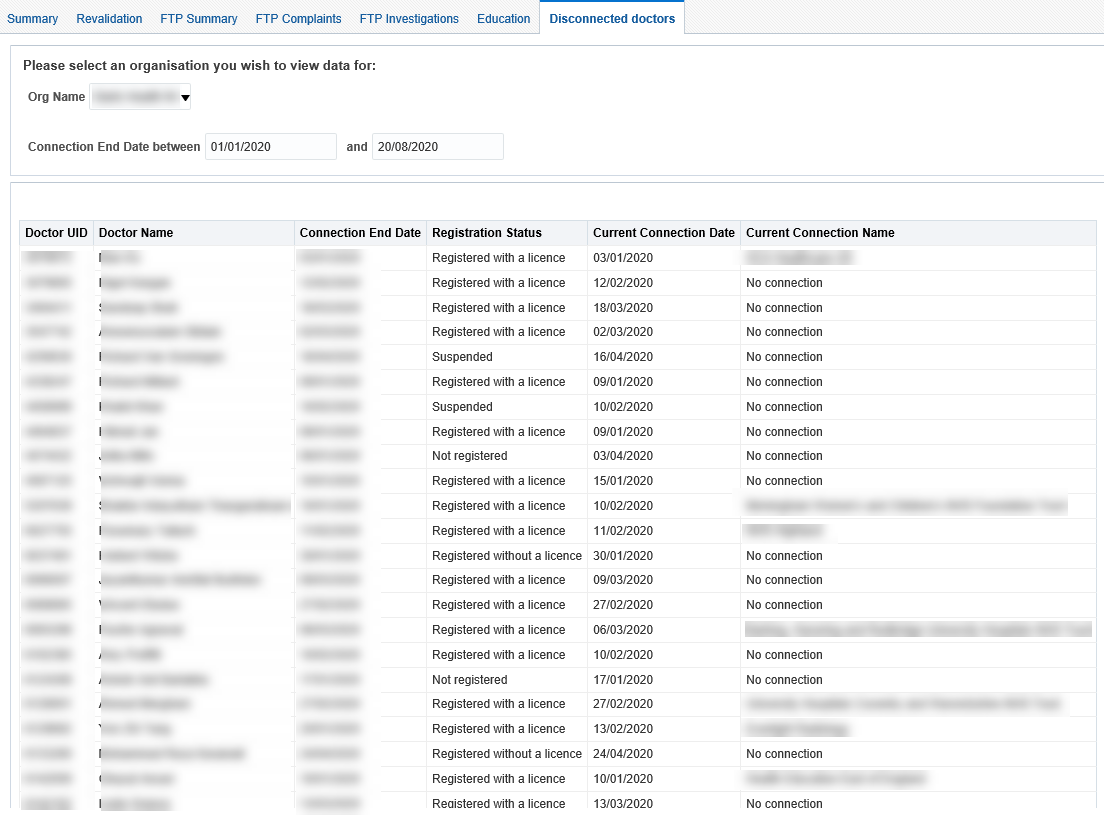 Screenshot showing the disconnected doctors list