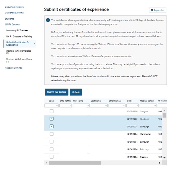 Screenshot of the 'submit certificates of experience' screen