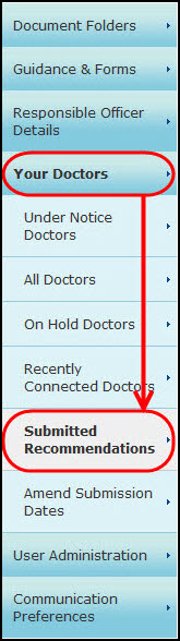 Screenshot of the 'submitted recommendations' option under the 'your doctors' menu