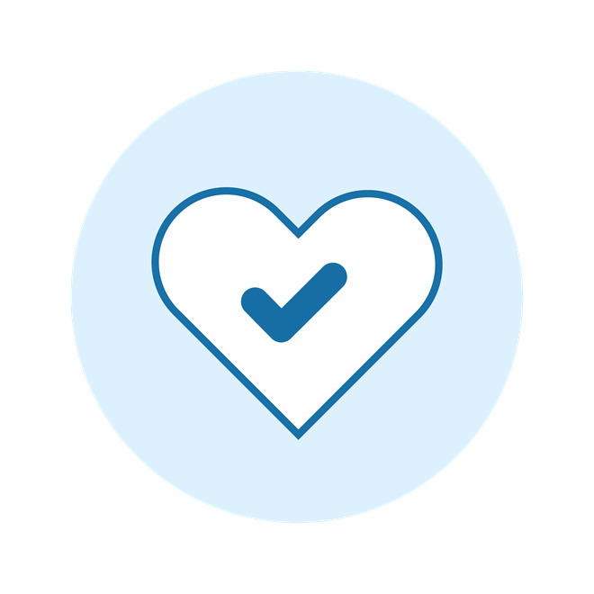 White heart with blue tick at the centre icon