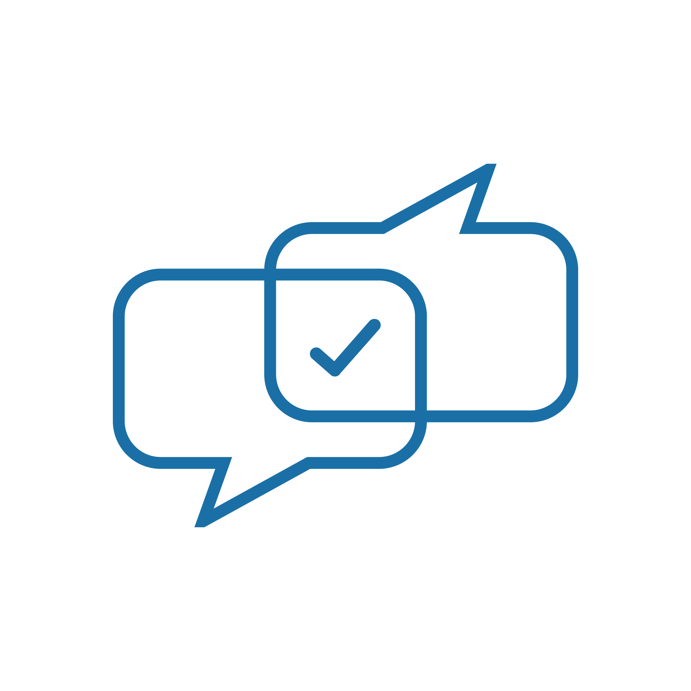 Two blue conversation speech bubbles with a blue tick in the middle
