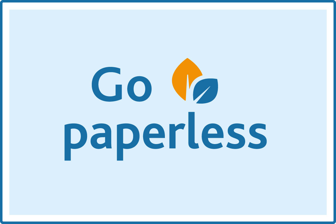 An icon of blue and orange leaves with the words "Go paperless"