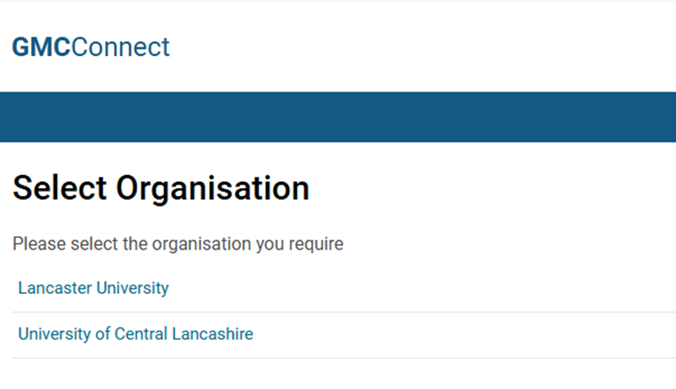Screenshot from GMC connect showing the 'select organisation' section