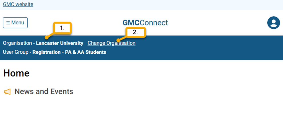 Screenshot from GMC connect showing the 'organisation' section