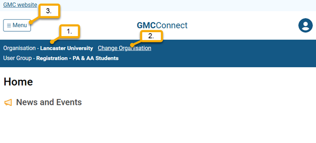 Screenshot from GMC connect showing the 'organisation' section