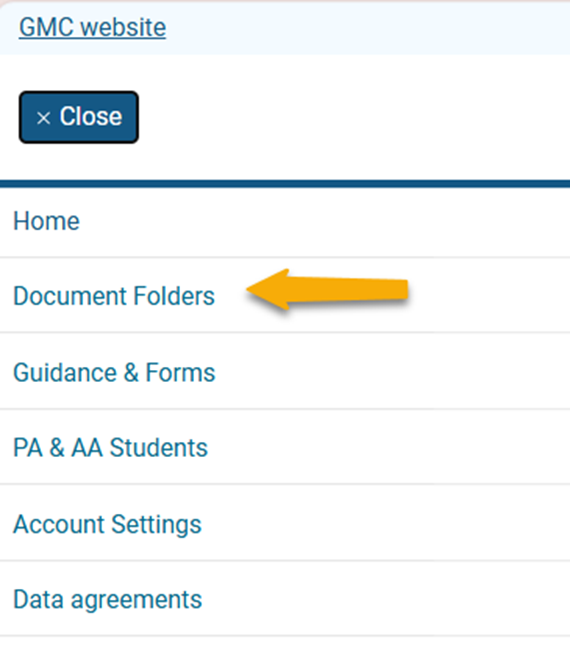 Screenshot from GMC connect showing the main menu and highlighting the 'document folders' item