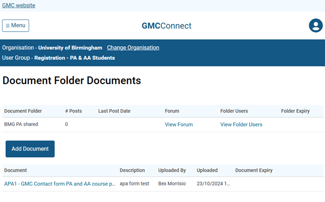 Screenshot from GMC connect showing the document folder documents screen