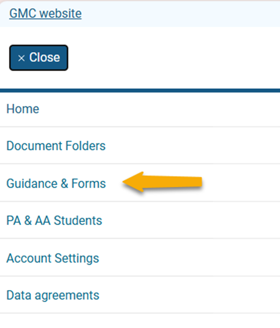 Screenshot from GMC connect showing the main menu and highlighting the 'guidance and forms' item