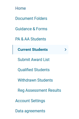 Screenshot from GMC connect showing the main menu and highlighting the 'current students' item