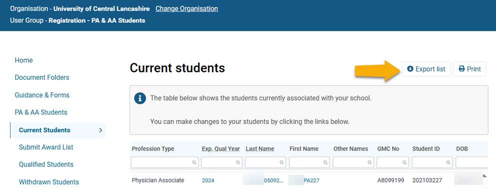 Screenshot from GMC connect showing the 'current students' section, and highlighting the 'export list' option