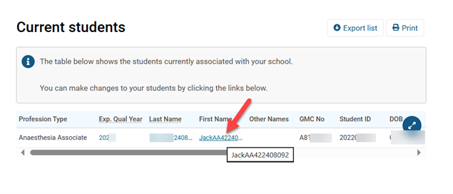Screenshot from GMC connect showing the 'current students' section