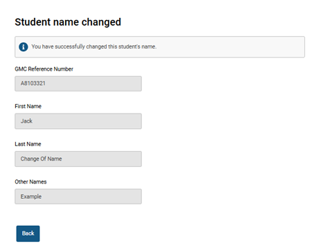 Screenshot from the 'change student name' confirmation screen
