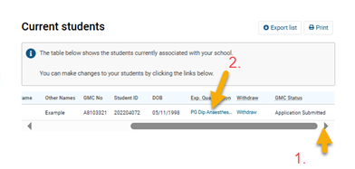 Screenshot from GMC connect showing the 'current students' section