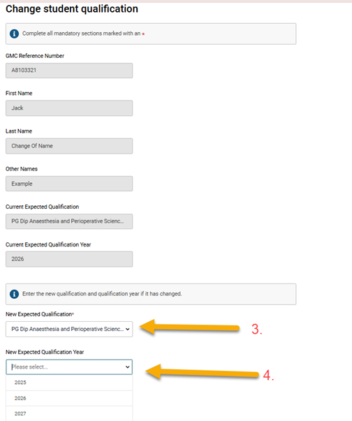 Screenshot from GMC connect showing the 'change student qualification' screen