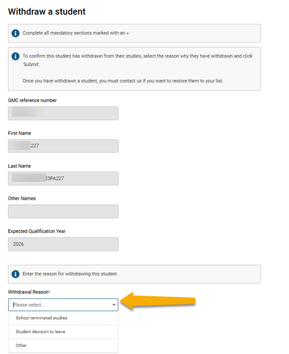 Screenshot from GMC connect showing the 'withdraw a student' screen