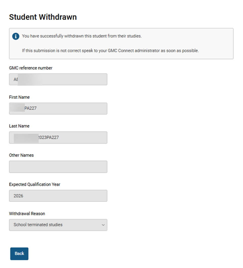 Screenshot from GMC connect showing the confirmation of student withdrawn screen