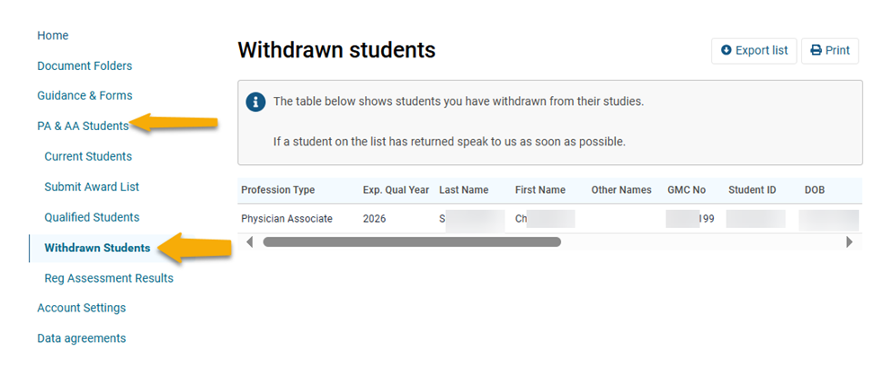 Screenshot from GMC connect showing the 'current students' section, highlighting the 'withdrawn students' option
