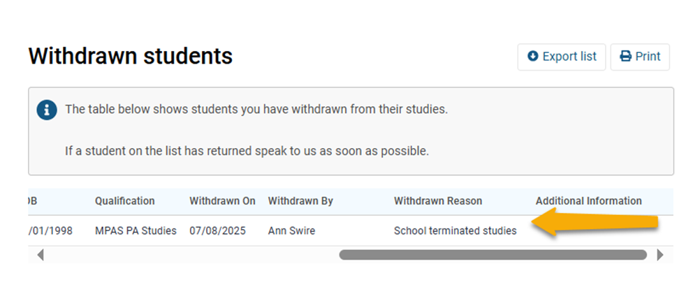 Screenshot from GMC connect showing the 'withdrawn students' screen