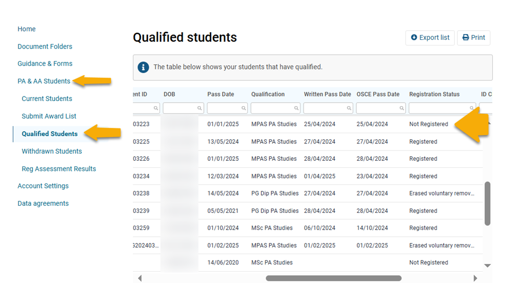 Screenshot from GMC connect showing the 'qualified students' section