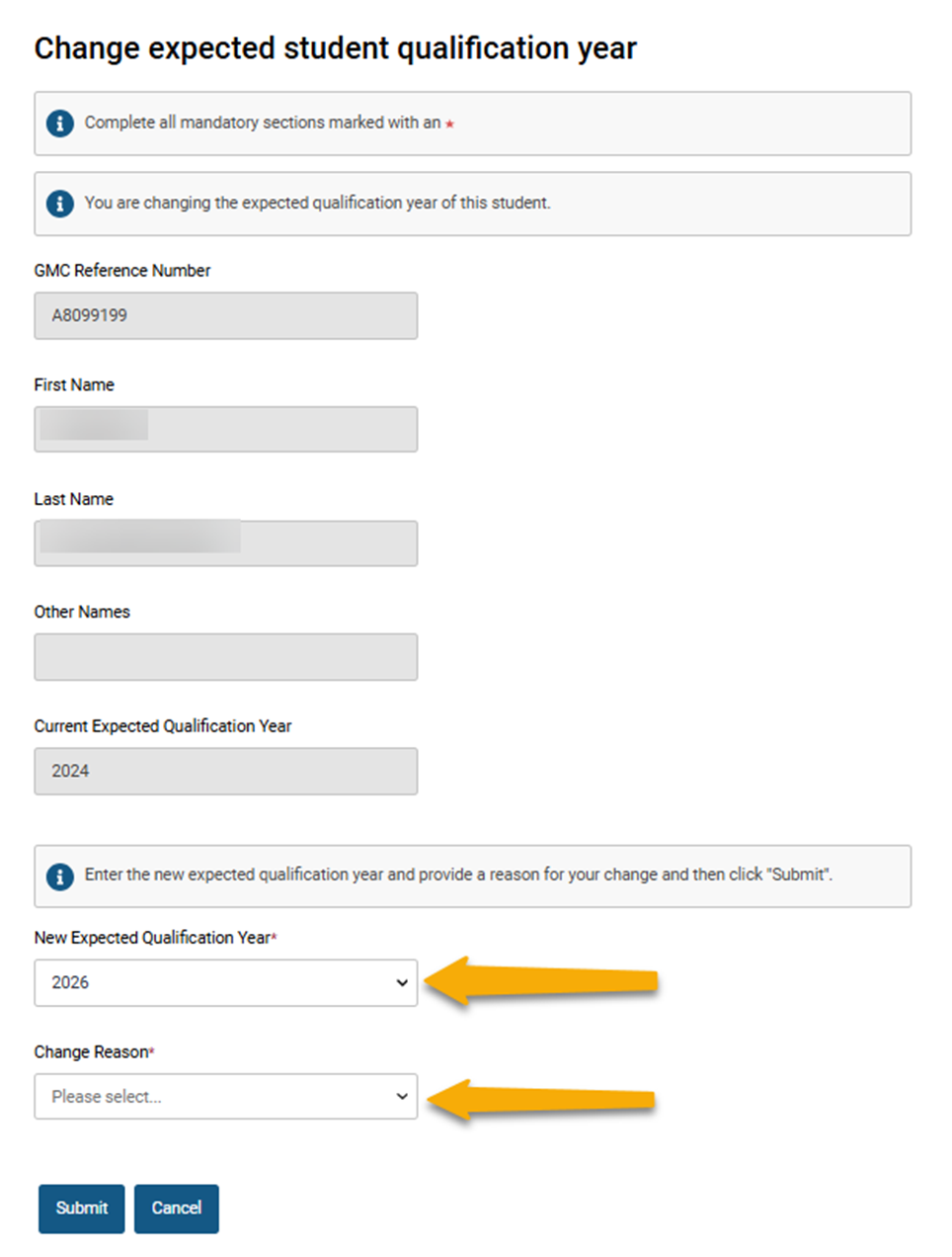 Screenshot from GMC connect showing the 'change expected student qualification year' section