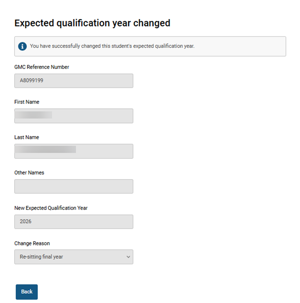 Screenshot from GMC connect showing the confirmation of year changed screen